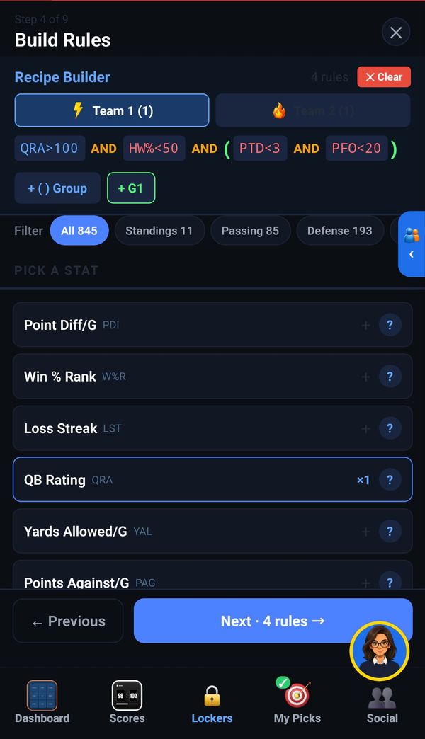 The recipe builder with rules and a stat picker