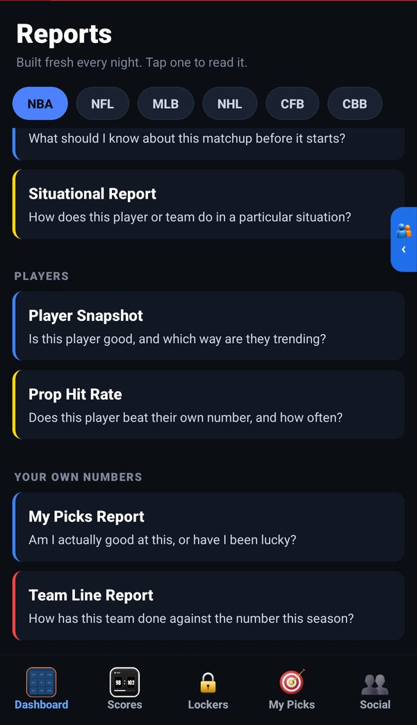 The reports list: situational report, player snapshot, prop hit rate and my picks report